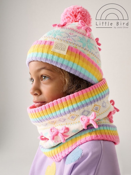 أبيض - Little Bird By Jools Oliver Pastel Rainbow Stripe Knitted Hat With Mittens/gloves And Snood Set