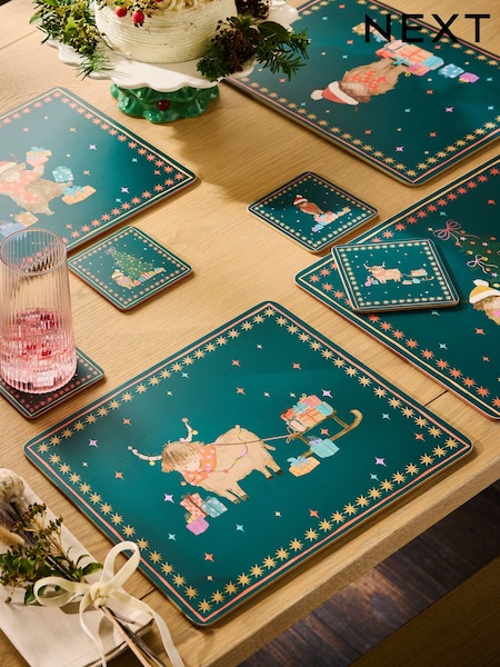 Set Of 4 Christmas Hamish The Highland Cow Corkback Placemats And Coasters