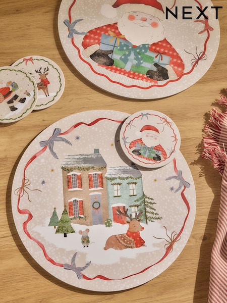 Set Of 4 Christmas Santa And Friends Corkback Placemats And Coasters