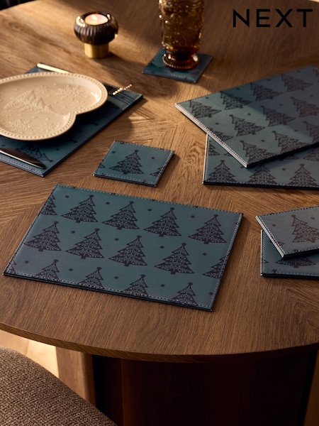 Set Of 4 Christmas Tree Faux Leather Placemats And Coasters