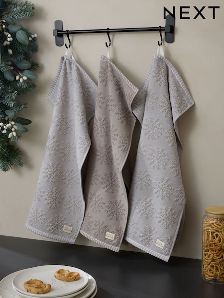 Set Of 3 Christmas Snowflake Terry Tea Towels