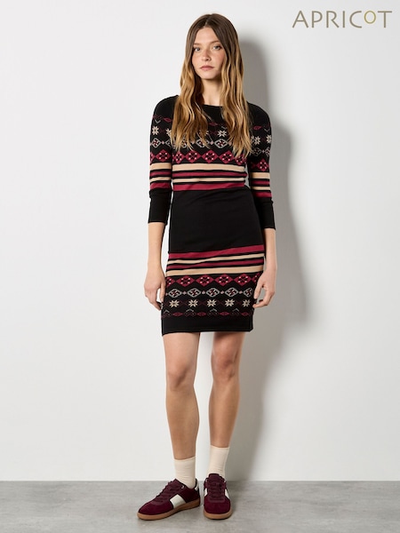 Apricot Black Folk Ornament Stripe ¾ Sleeve Dress (G62865) | €59