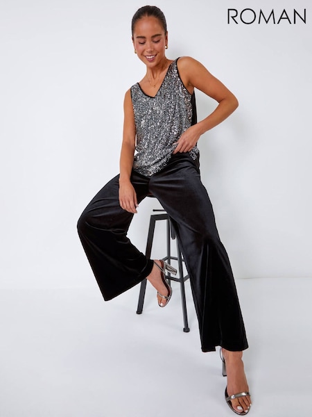 Roman Black Petite Wide Leg Velvet Stretch Trousers (G63070) | €51