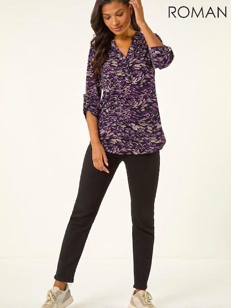Roman Purple Abstract Print V-Neck Stretch Shirt (G63111) | €53
