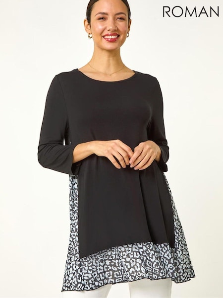 Roman Animal Print Contrast Mesh Hem Stretch Blouse (G63134) | ‏260 ر.ق.