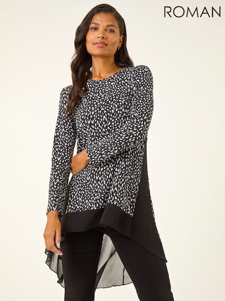 Roman Black Spot Print Chiffon Hem Stretch Tunic Top (G63153) | R$ 485