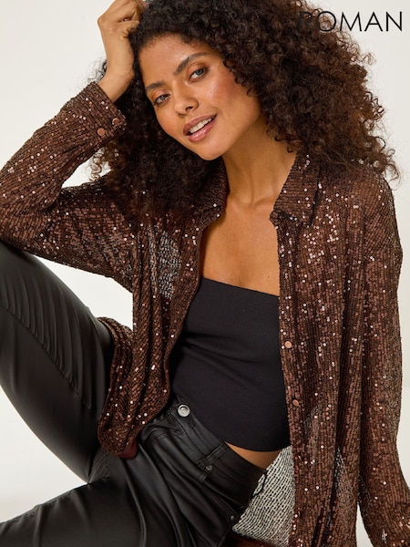 Roman Brown Sequin Button Through Stretch Blouse (G63164) | €69