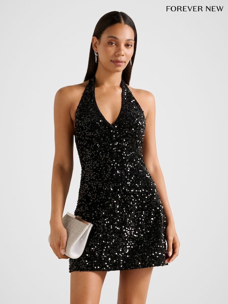 Forever New Black Riley Sequin Halter Neck Mini Dress (G63343) | €156