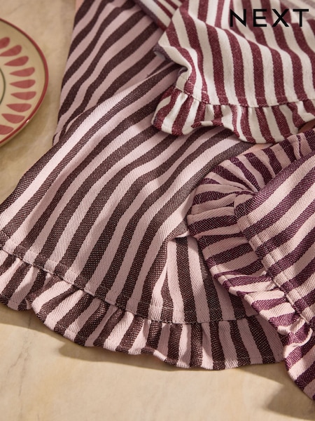 Set Of 3 Woven Stripe Ruffle Tea Towels