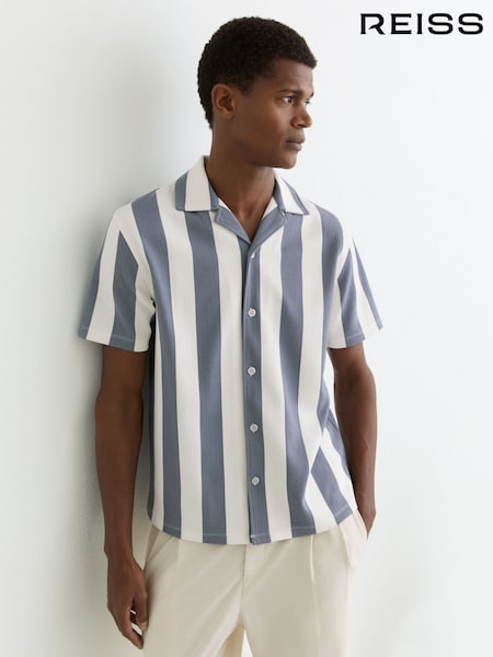 أزرق/Off White - Reiss Dexter Block-Stripe Cuban-Collar Shirt (G63430) | ‏673 ر.س.‏