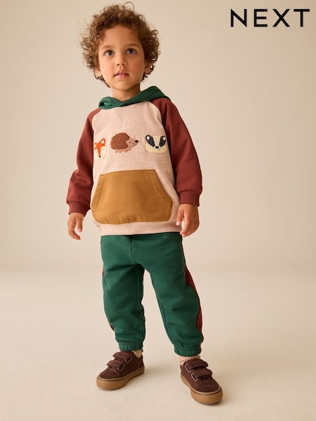 Burgundy/Ecru/Green - Colour Block Hoodie And Joggers Set (3mths-7yrs)