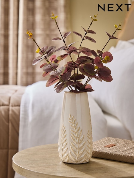 Artificial Eucalyptus Arrangement In Leaf Embossed Ceramic Vase