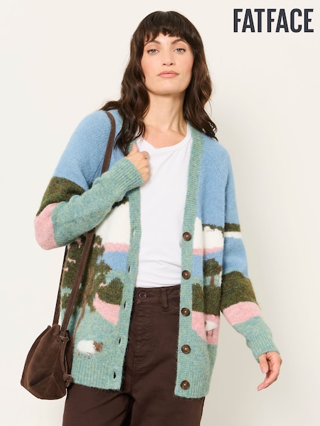 Blue - Fatface Landscape Knitted Cardigan