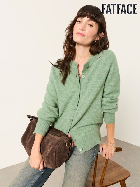 Sage Green - Fatface Wool Rich Soft Knit Button Front Cardigan