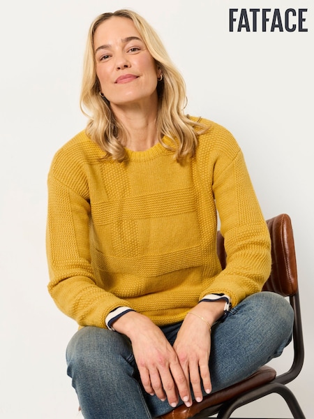 أصفر - Fatface Knitted Check Crew Neck Jumper