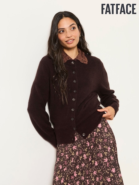 Chocolate Brown - Fatface Knitted Crew Button Front Cardigan