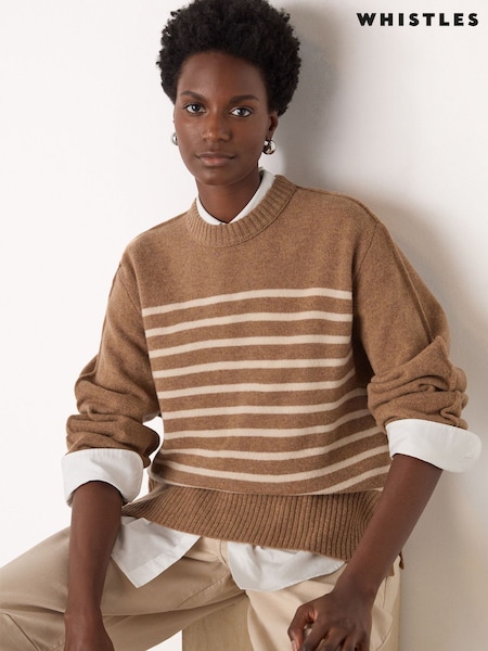 Whistles Brown Wool Stripe Crew Neck Knit Jumper (G63870) | $296