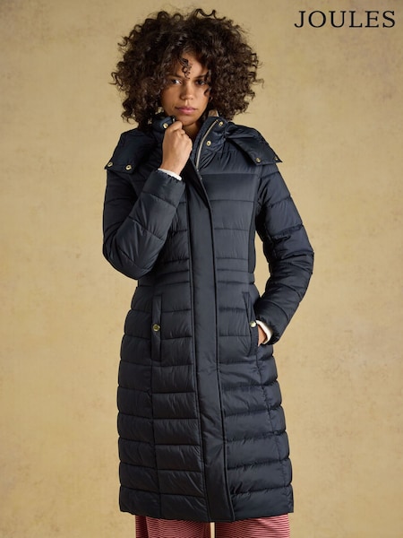 Navy - Joules Windborough Showerproof Longline Padded Coat With Hood