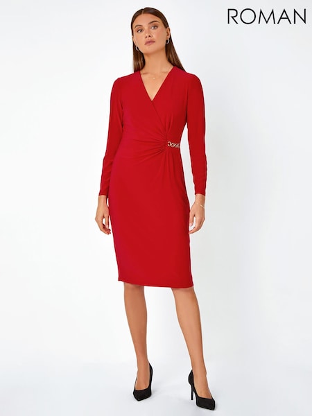 Roman Red Chain Detail Wrap Midi Stretch Dress (G63981) | €66