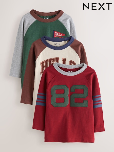 Red/Grey Varsity - Long Sleeve Raglan T-shirts 3 Pack (3mths-7yrs)