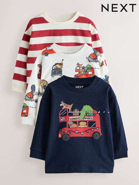 Navy/Red London - Long Sleeve Applique T-shirts 3 Pack (3mths-7yrs)