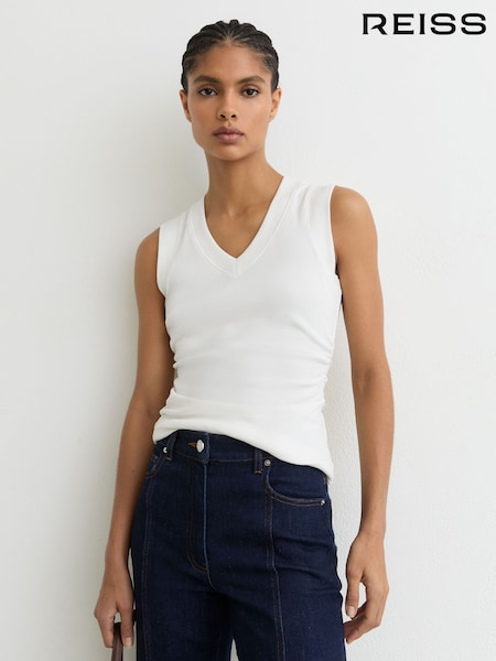Reiss White Sandy Stretch-Cotton Rib Ruched V-Neck Vest (G64307) | AED288