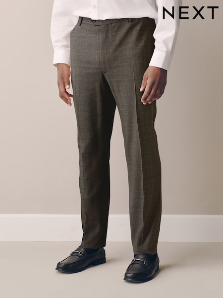 Brown Check - Muscle Fit Elasticated Waist Motionflex Stretch Smart Trousers