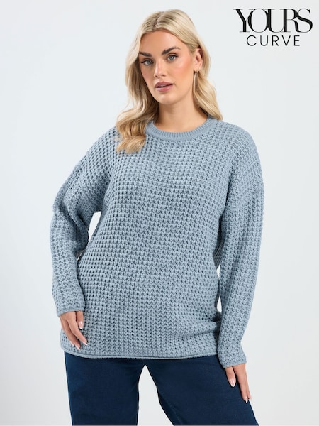 Yours Curve Blue Waffle Knitted Crewneck Jumper (G64406) | €36