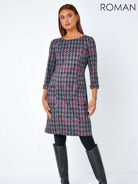 Roman Grey Houndstooth Pocket Shift Stretch Dress (G64461) | R$ 665