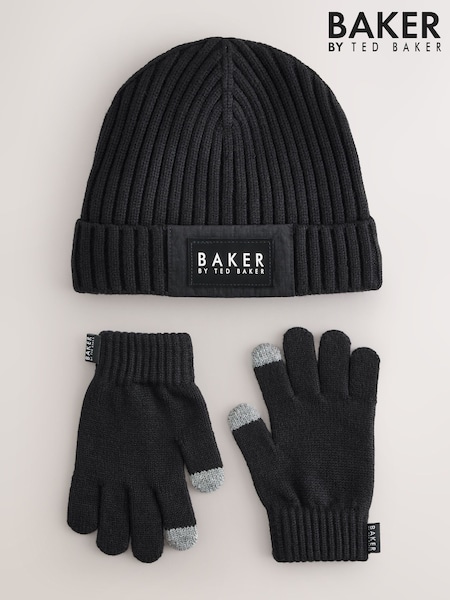 Black - Baker By Ted Baker Logo Beanie And Gloves Set
