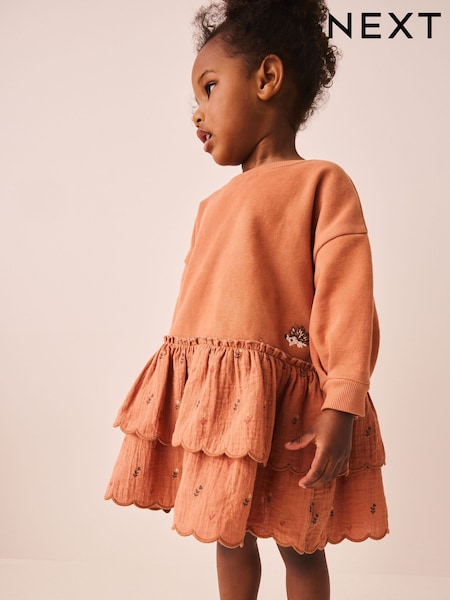 Orange Hedgehog Embroidery - Long Sleeve Sweat Dress (3mths-7yrs)