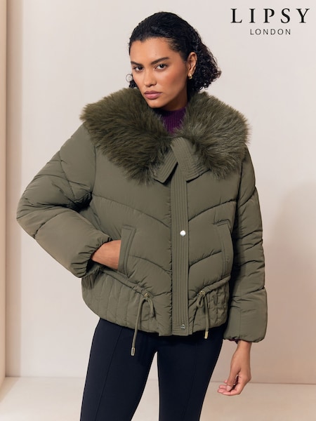 Olive Green - Lipsy Short Fur Collar Puffer Coat