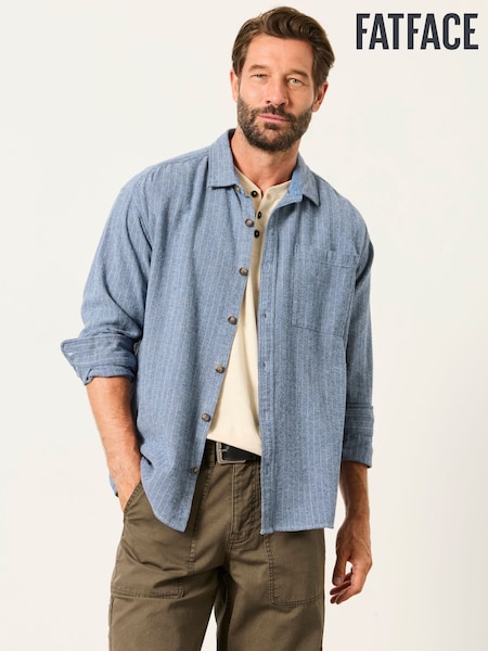 Light Blue - Regular Fatface Long Sleeve Relaxed Fit Herringbone Stripe Brushed Shirt