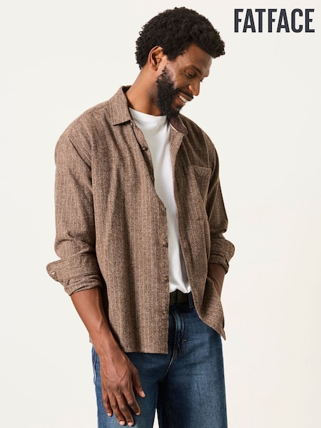 Brown - Regular Fatface Long Sleeve Relaxed Fit Herringbone Stripe Brushed Shirt