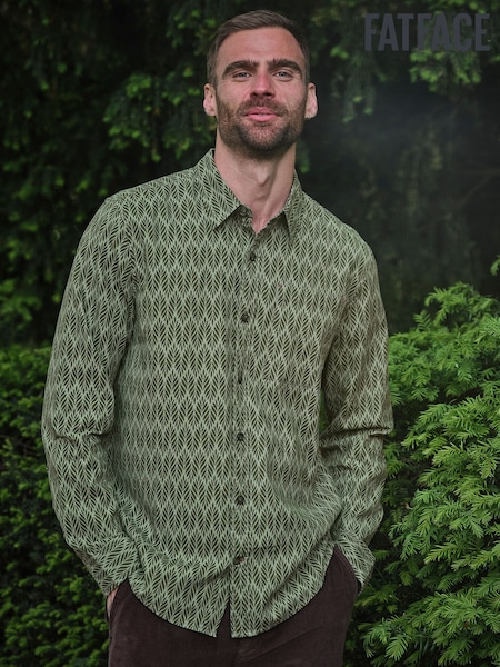 Dusky Green - Regular Fatface Long Sleeve Chambray Leaf Print Shirt