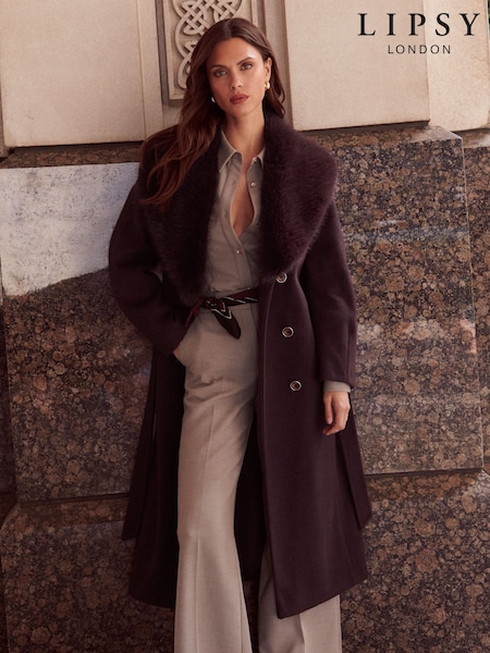 Plum Lilla - Lipsy Fur Collar Longline Belted Coat