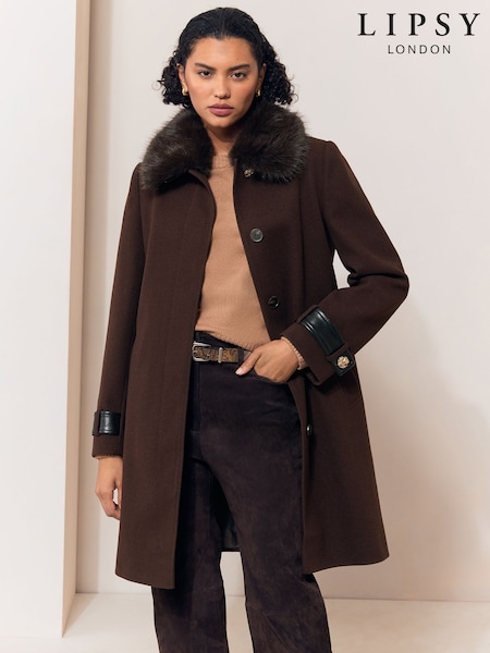 Chocolate Brown - Lipsy Fur Collar Coat