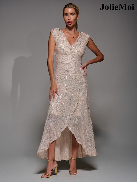 Jolie Moi Nude Sequin Asymmetric Ruffle Hem Maxi Dress (G64978) | AED518