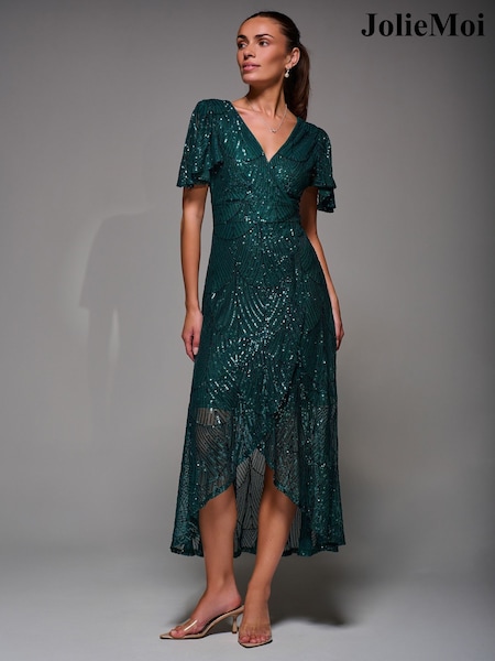 Jolie Moi Green Sequin Angel Sleeve Ruffle Hem Maxi Dress (G64987) | AED553