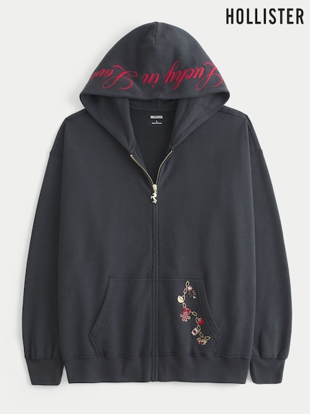 Hollister Graphic Boyfriend Full Zip Black Hoodie (G65178) | AED210