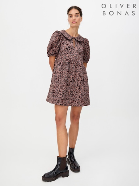 Oliver Bonas Brown Animal Print Puff Sleeve Collared Mini Dress (G65196) | €126