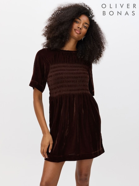 Oliver Bonas Brown Velvet Shirred T-Shirt Mini Dress (G65216) | €103.50
