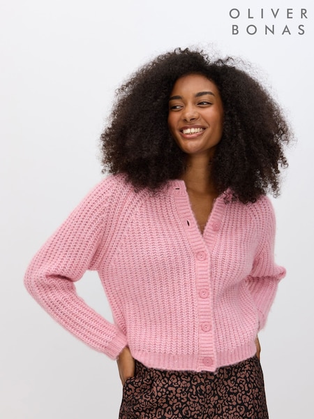 Oliver Bonas Pink Sparkle Ribbed Crew Neck Knitted Cardigan (G65230) | 338 QAR