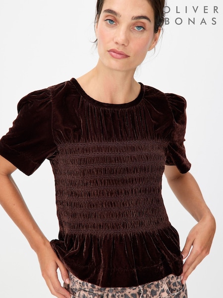 Oliver Bonas Brown Velvet Shirred Bodice T-Shirt (G65233) | 286 QAR