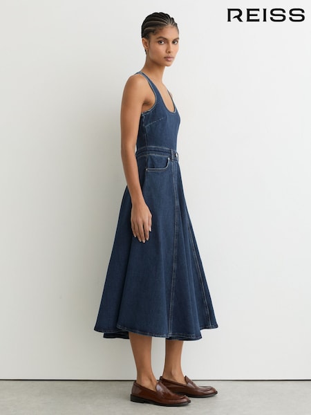Reiss Rosie Denim Sleeveless Waisted Midi Dress (G65533) | ‏1,728 د.إ.‏
