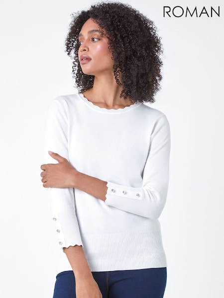 Roman White Diamante Button Scallop Edge Jumper (G65577) | €45