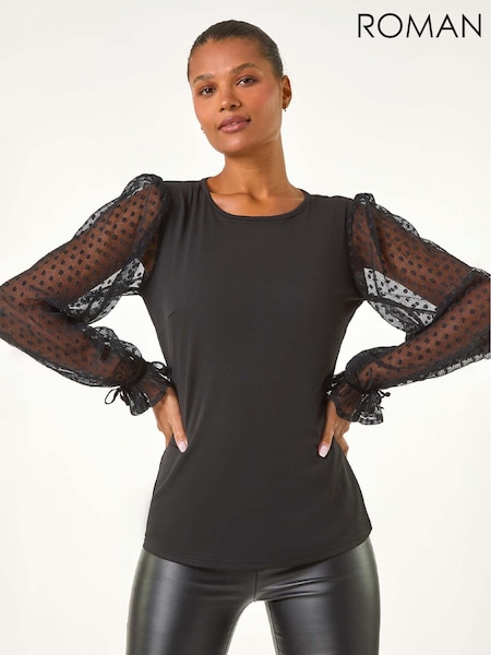 Roman Black Flock Spot Sleeve Stretch Tunic Blouse (G65580) | €53