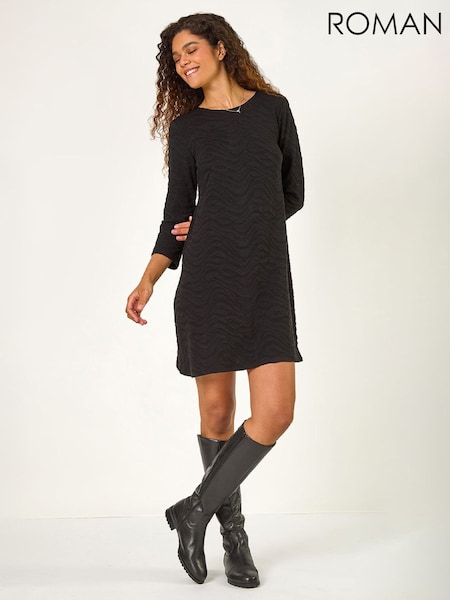 Roman Black Wave Textured Stretch A-Line Dress (G65581) | R$ 545