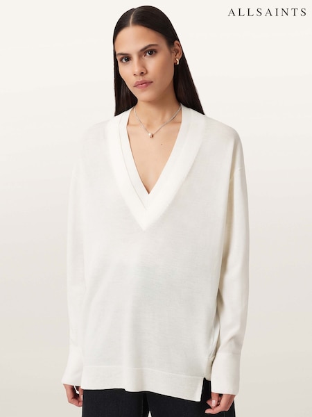 AllSaints White Bern Panel V-Neck Jumper (G65624) | €178