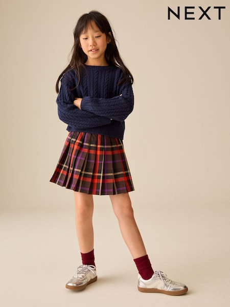 Chocolate Brown/ Orange Check - Pleated Skirt (3-16yrs)